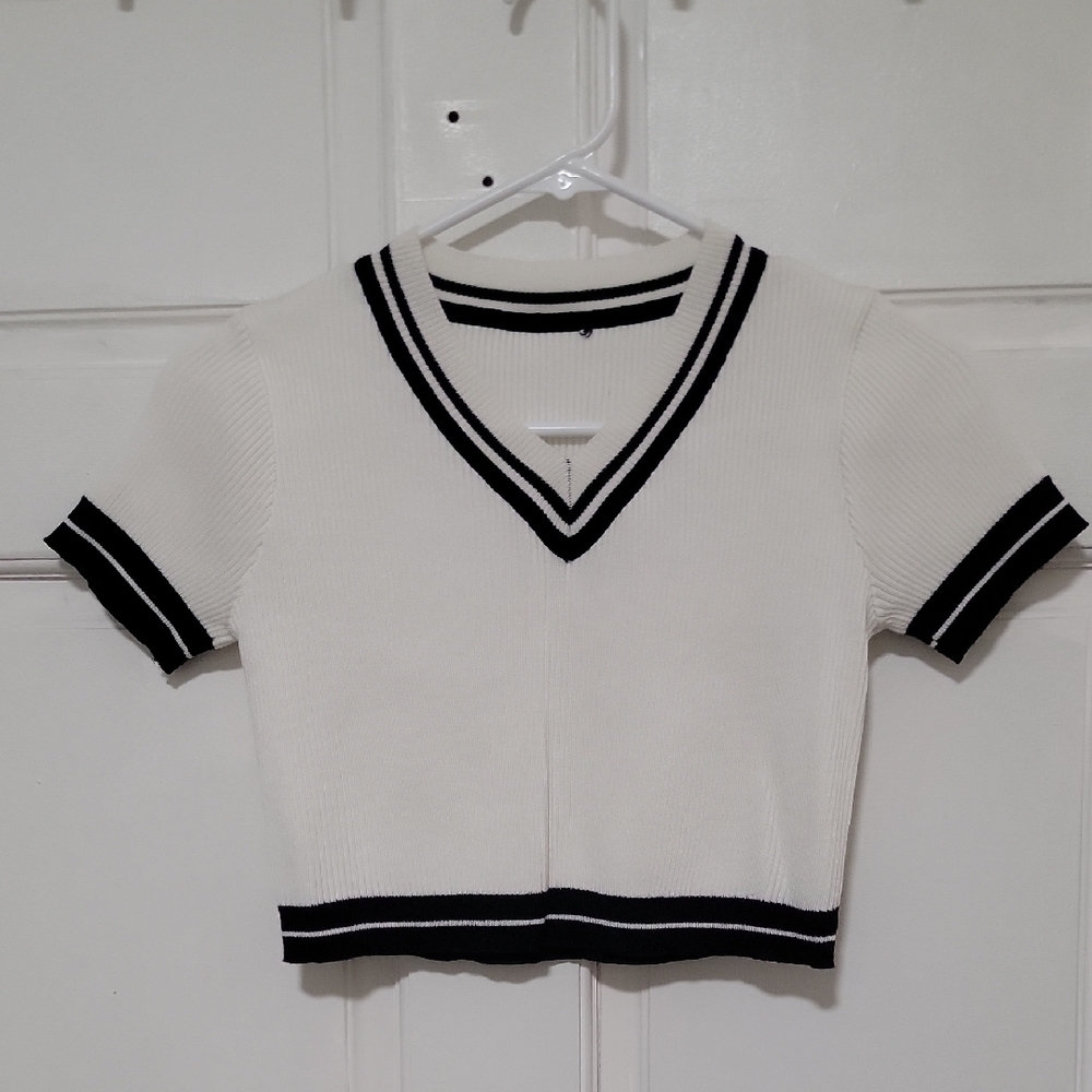 Like New Soft V-Neck Cropped Sweater Short Sleeves Top Limited Edition